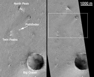 PIA02352: MOC's Highest Resolution View of Mars Pathfinder Landing Site