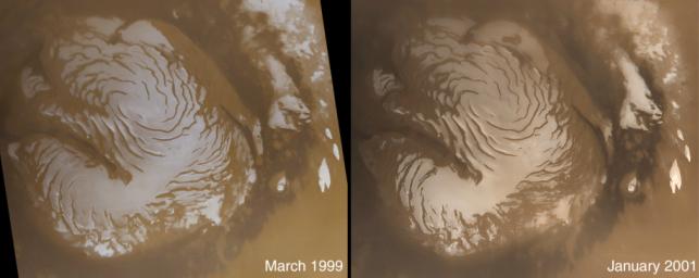 PIA03204: The Martian North Polar Cap in Summer - One Year Later