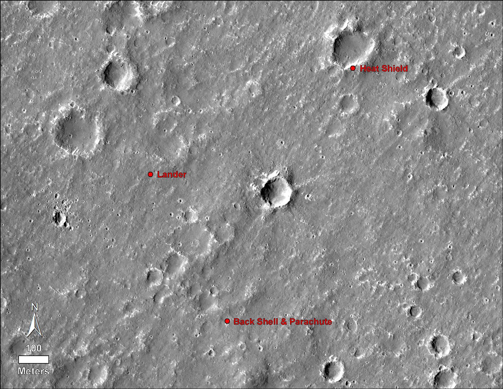 PIA22877: Locations of InSight, its Heat Shield and its Parachute