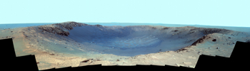 PIA13795: Panorama of 'Santa Maria' Crater for Opportunity's Anniversary (False Color)